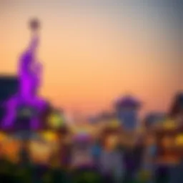 Vibrant display of Global Village attractions at dusk